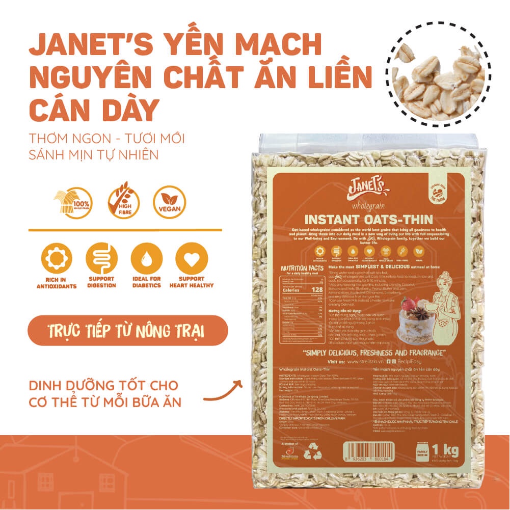 Yến mạch nguyên chất ăn liền Janets 1kg Chile, loại cán dày và cán mỏng