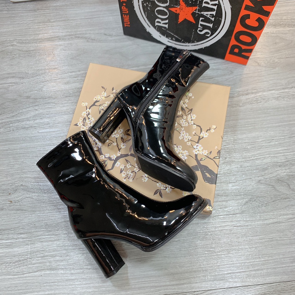 Bốt nữ/ boot da bóng Cổ Thấp 8Cm Hai Màu Đen Kem Cực Sang Chảnh Đế Tròn Mũi Tròn