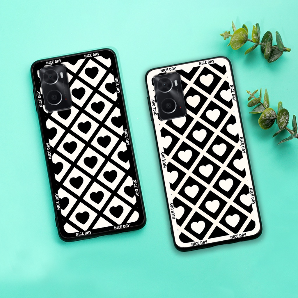 Ốp lưng Oppo A36 - Oppo A76 in hoạ tiết caro trái tim đen trắng, gấu bear cute đáng yêu
