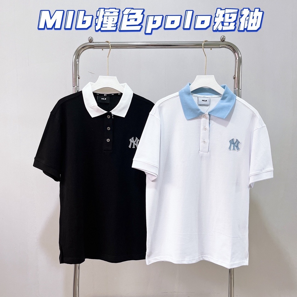 MLB Áo Thun POLO Tay Ngắn Cổ Tròn In Chữ NY Phong Cách Thời Trang Hàn Quốc Dành Cho Nam Và Nữ