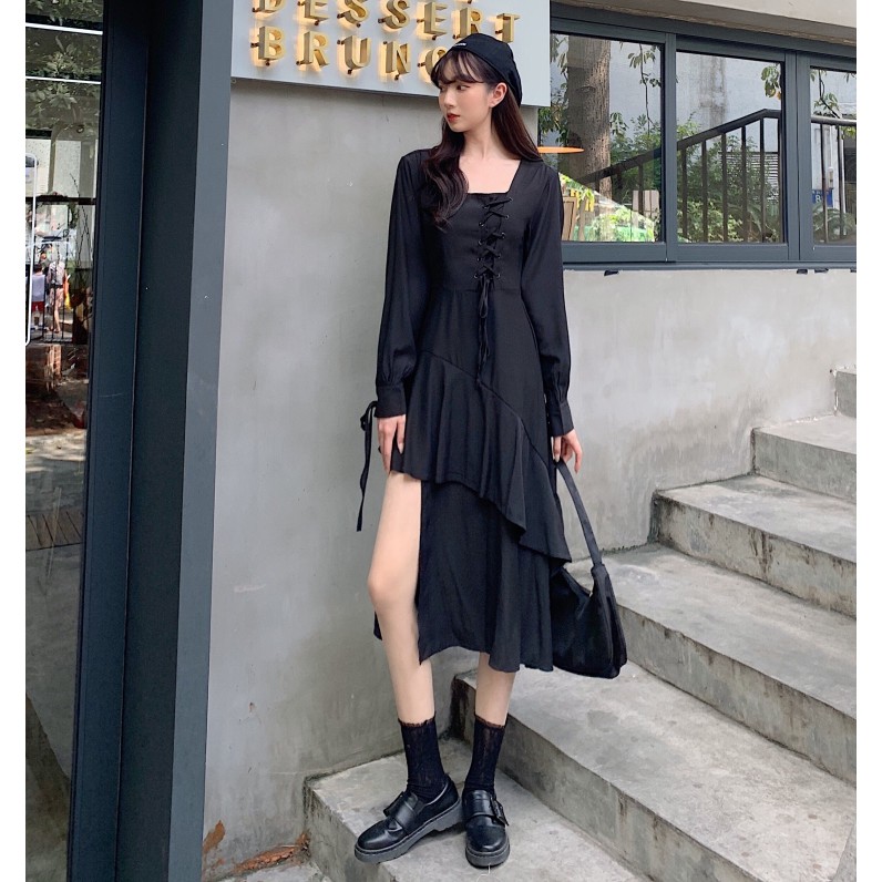 Đầm đen đan dây black gothic vạt lệch siêu cá tính style HQ