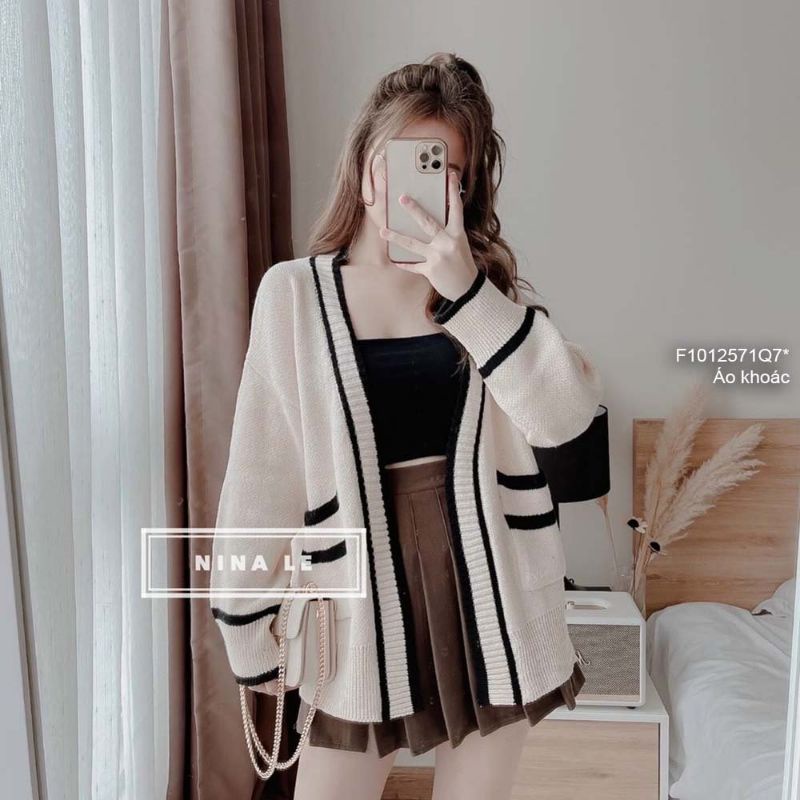 Áo khoác len cardigan phối viền có túi dáng dài hàng QC!1012