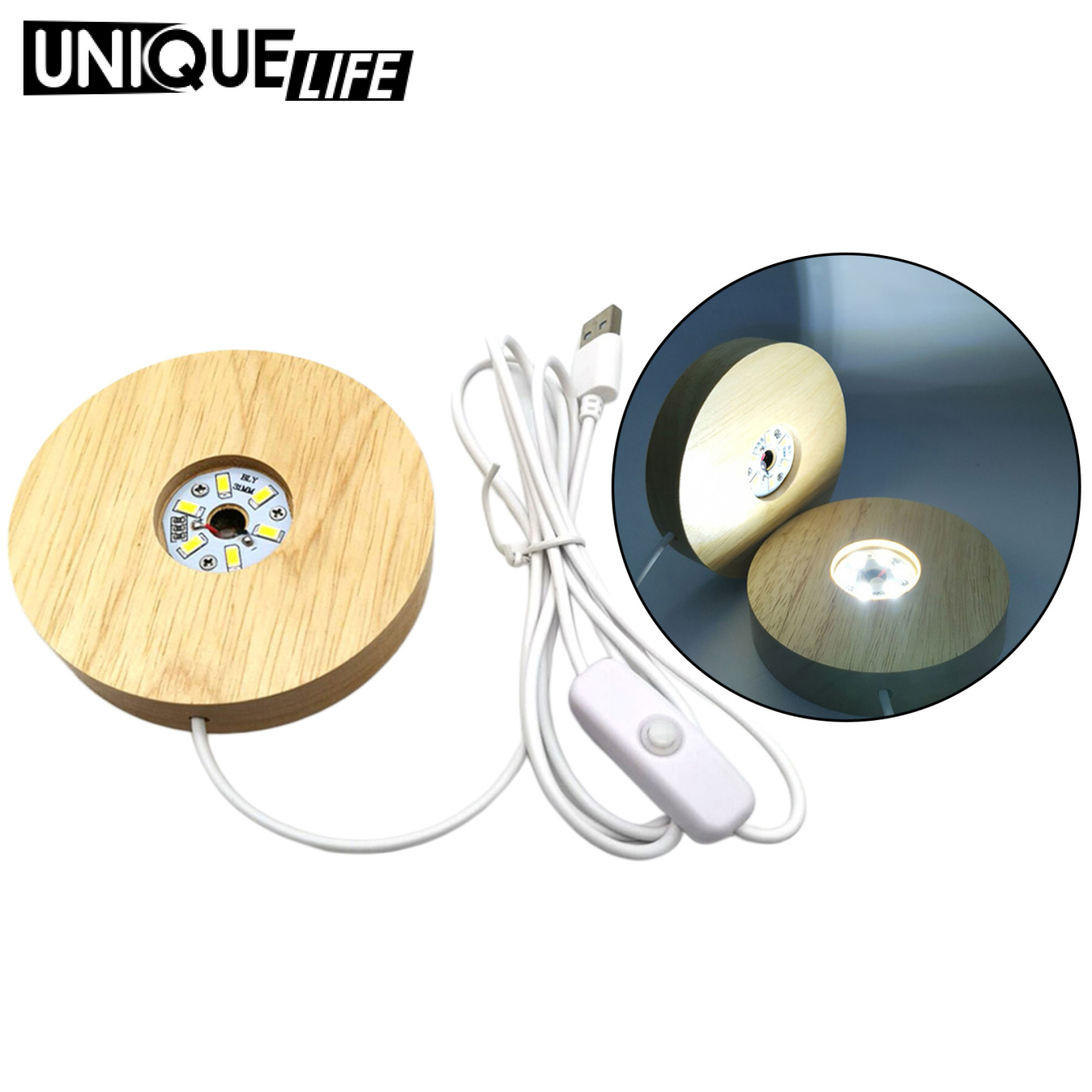 [Unique Life]LED Light Display Base Wooden Lighted Base Stand Round Lamp Night Light Base Holder for DIY Crystal Glass Art Acrylic Board