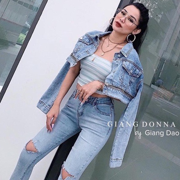 Áo khoác jean nữ cao cấp, áo khoác nữ croptop màu xanh trẻ trung chất liệu denim chuẩn shop T-fashion shop kn04