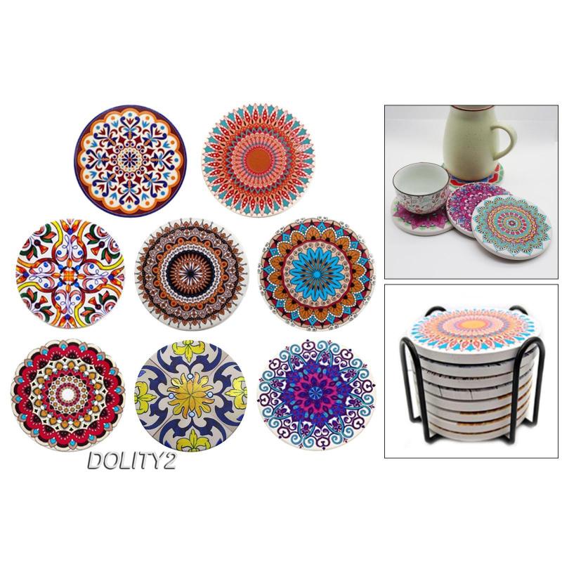 Bộ 8 đế lót ly hình tròn bằng sứ + giá đỡ tiện dụng cho nhà bếp