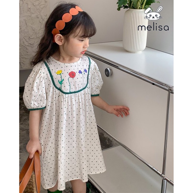 Đầm vải bé gái BIgbaby, chất thô hàn thoáng mát họa tiết chấm bi thêu hoa cho bé 10-24kg 13655