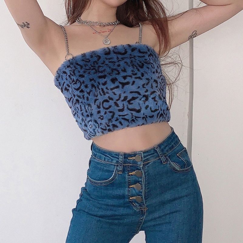 Xiangbao Áo Crop Top Hai Dây Phối Lông Họa Tiết Da Báo Phong Cách Harajuku Quyến Rũ Cho Nữ