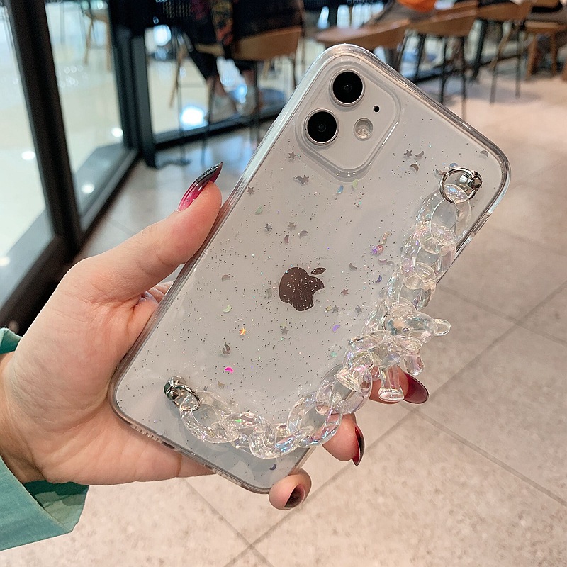 Ốp điện thoại epoxy trong suốt hình gấu đơn giản có dây chuỗi xích laser cho iphone12promax iPhoneX