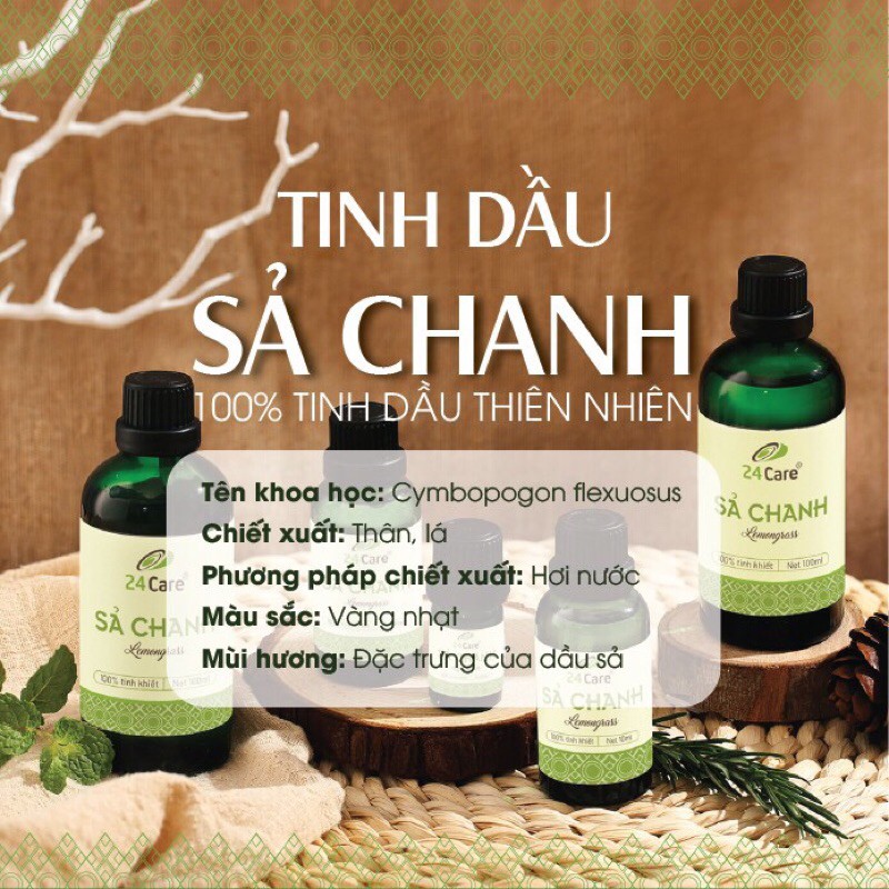 Tinh dầu Sả Chanh 24Care 100ml/ chai - xông thơm phòng, khử mùi, kháng khuẩn