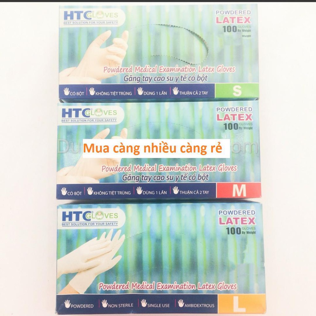 [Hộp 100 Chiếc ] Găng Tay Cao Su Y Tế HTC Gloves Không Tiệt Trùng Có Bột Full Size(XS,S,M,L,XL)