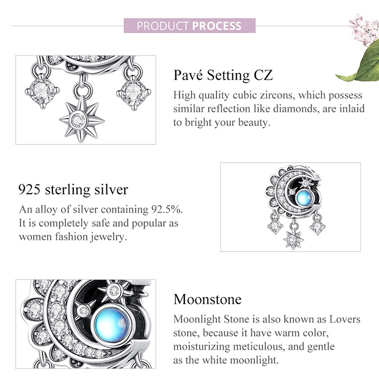 Phụ kiện trang sức Bamoer BSC598 hình ngôi sao và mặt trăng bằng bạc 925