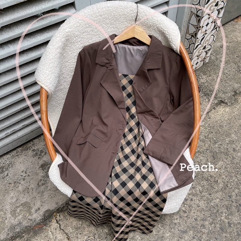 SET ÁO KHOÁC BLAZER+ ĐẦM 2D CARO NÂU