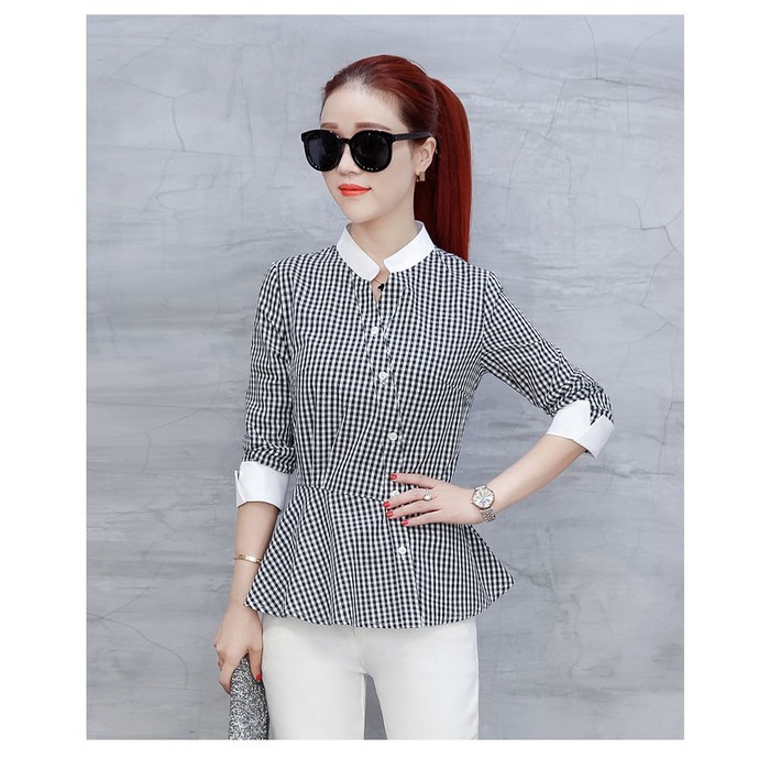 Áo sơ mi nữ ❣️FREESHIP❣️Áo kiểu sọc caro peplum Phom dáng ao chuẩn đẹp,