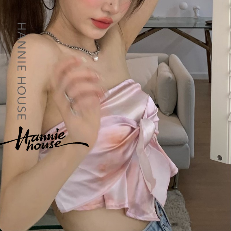Áo croptop chất vải satin in họa tiết thời trang cho nữ