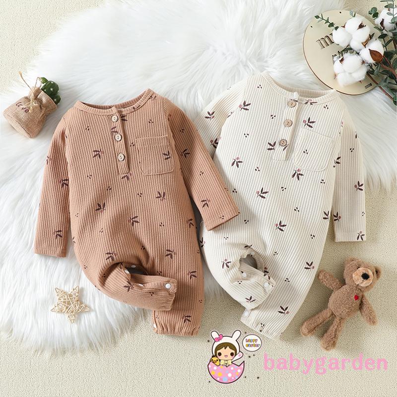 Bộ Áo Liền Quần Tay Dài Cổ Tròn Cài Nút In Hoa Thời Trang Xuân Thu Cho Bé 0-12 Tháng Tuổi