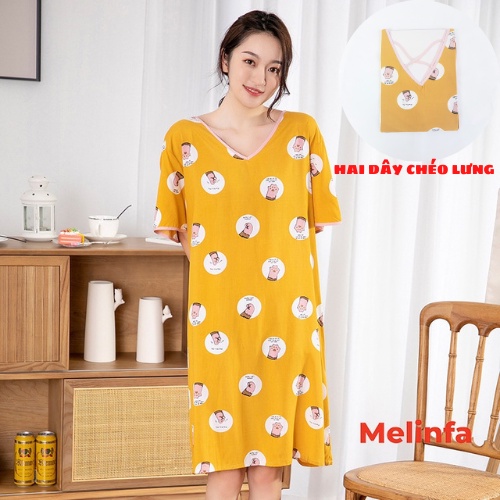 (Xả kho) Váy ngủ ngắn tay vải Cotton lụa tự nhiên thoáng mát mềm mịn, đầm mặc nhà cổ V gợi cảm freesize mã VAV0270