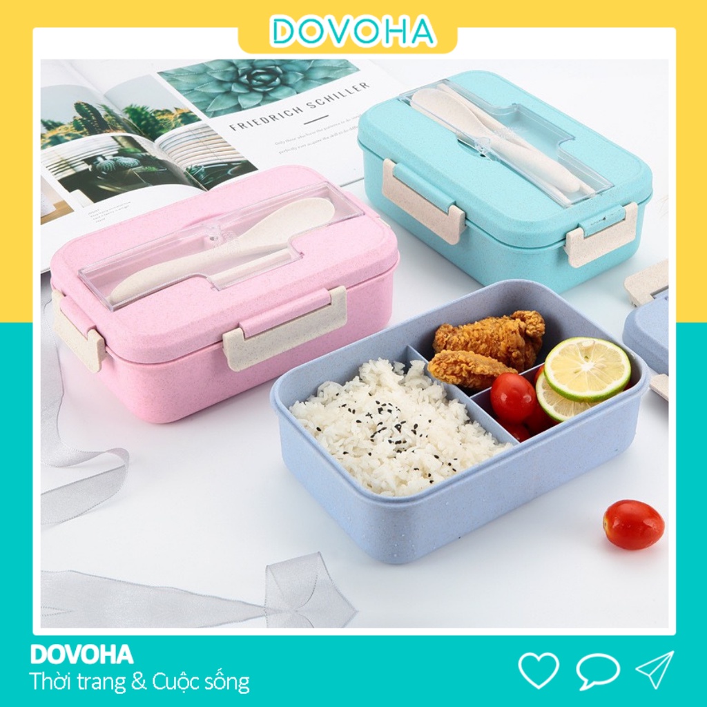 Hộp Đựng Cơm lúa mạch 3 ngăn giữ nhiệt kèm muỗng đũa văn phòng cao cấp DOVOHA HC01