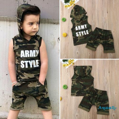 set áo thun ngắn tay có mũ trùm / quần short màu rằn ri thời trang cho bé trai