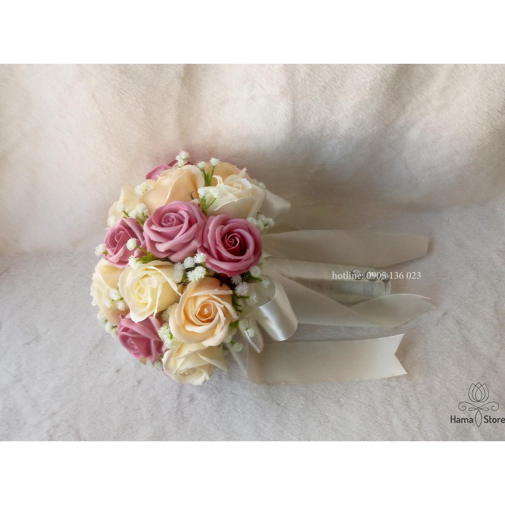 [Nowship]-Bó hoa cưới cầm tay cô dâu bằng hoa hồng sáp thơm màu hồng Pastel ngọt ngào điểm baby