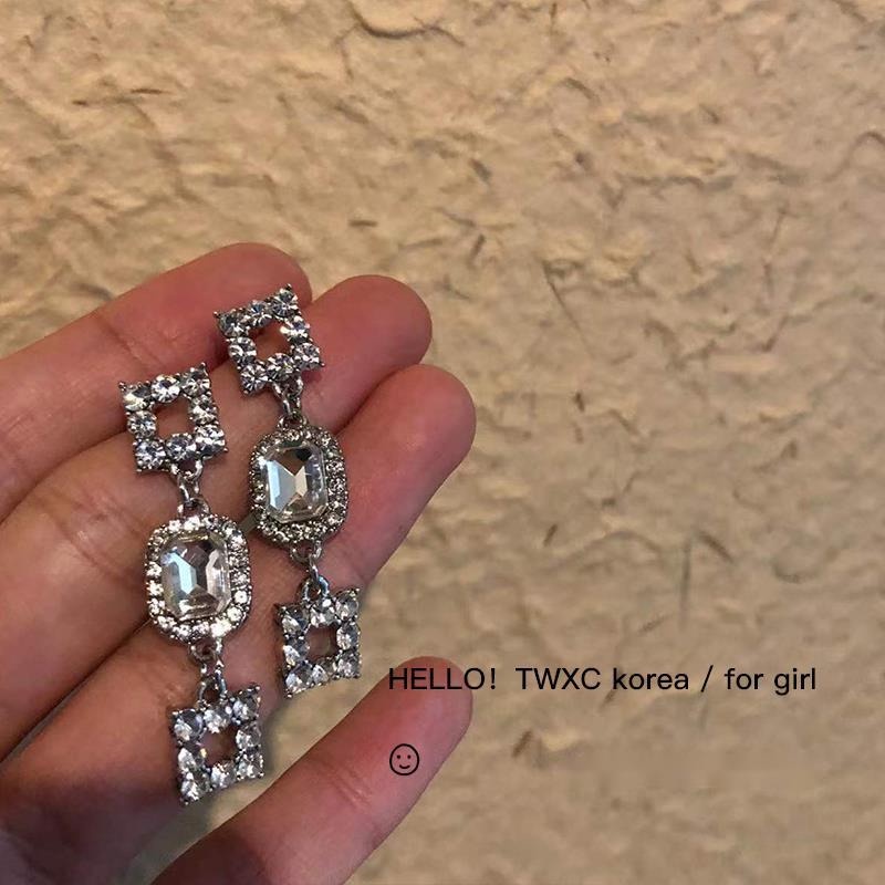 Hoa Tai Dáng Dài Hình Vuông Đính Đá Lấp Lánh Siêu Lấp Lánh