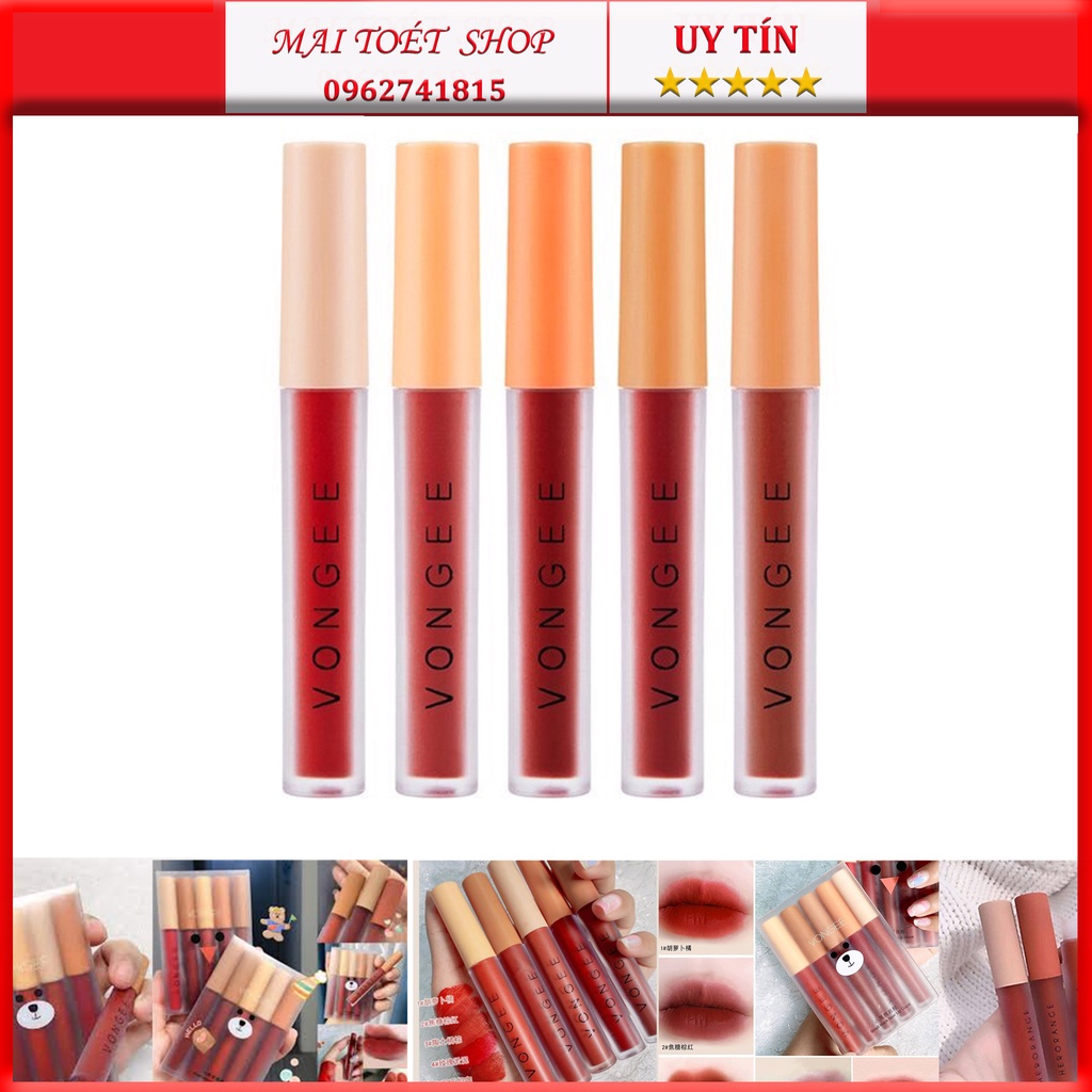 Set 5 Cây Son Kem Lì VONGEE Mịn Mượt Như Nhung Và Không Khô Môi - Set Son Vongee 5 Cây Phiên Bản Mới Cao Cấp 2021