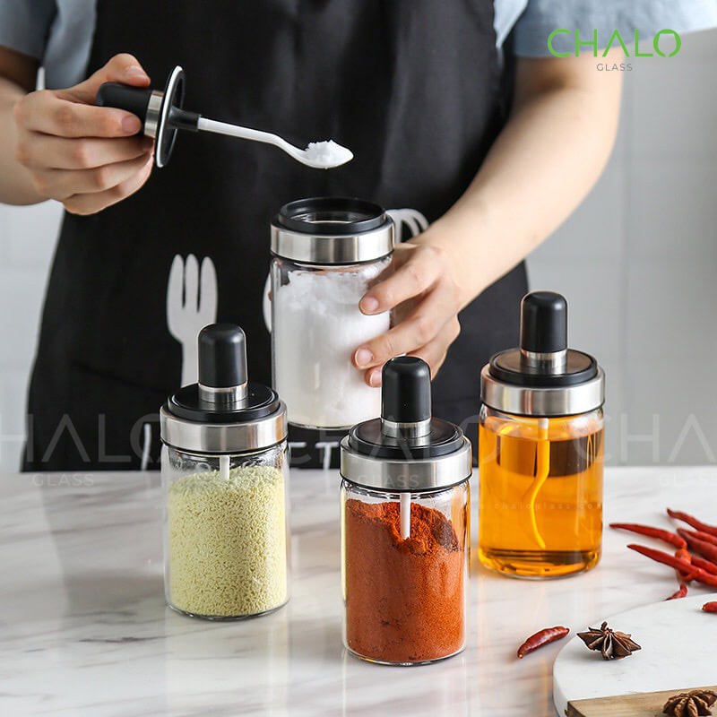 Hũ đựng gia vị đẹp có kèm thìa - Lọ thủy tinh đựng gia vị kèm muỗng dung tích 250ML tiện lợi- Gigamart