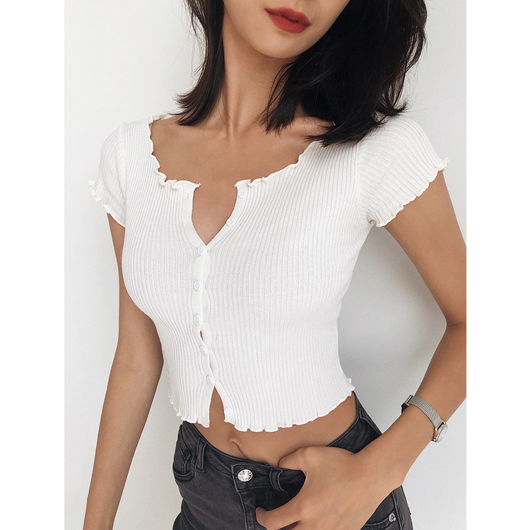 DUNEA Áo Thun Dệt Kim Tay Ngắn Thiết Kế Quyến Rũ Thời Trang Cho Nữ