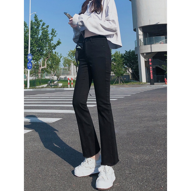 Quần Bò Jean Nữ Ống Loe Cạp Cao Chất Vải Bò Co Giãn 4 Chiều, Quần jean xẻ gấu cá tính BeU Shop Q20