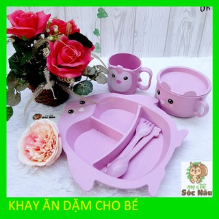  [Xanh/hồng] Bộ khay ăn dặm lúa mạch hình chim cánh cụt/gà