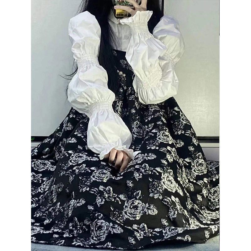 🔥 Set Áo Sơ Mi Dài Tay Và Đầm Dây Họa Tiết Hoa Vintage Dành Cho Nữ