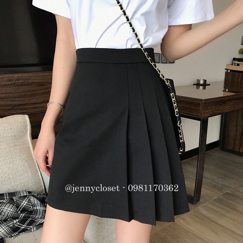 Chân váy chữ a xếp ly ngắn màu đen nâu cạp lưng cao khoá sườn phối 3 ly lệch mặc ở nhà đi học chơi biển đẹp
