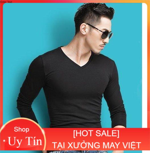 [HÀNG HOT] Áo thun nam body cổ tim tay dài vải dày mịn phong cách hàn Quốc ( đen ) [SALE]