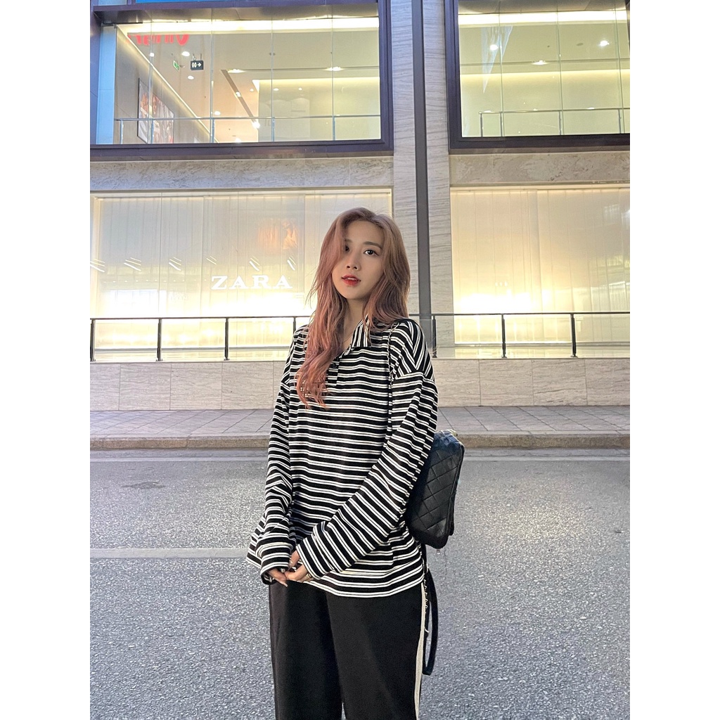 Áo sweater polo dài tay unisex dưới 80kg chất nỉ bông Lim DR - Áo polo dài tay kẻ ngang