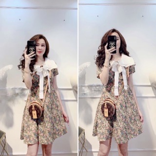 V173 váy hoa nhí cổ bèo nơ siêu xinh , đầm xoè hoa sang chảnh