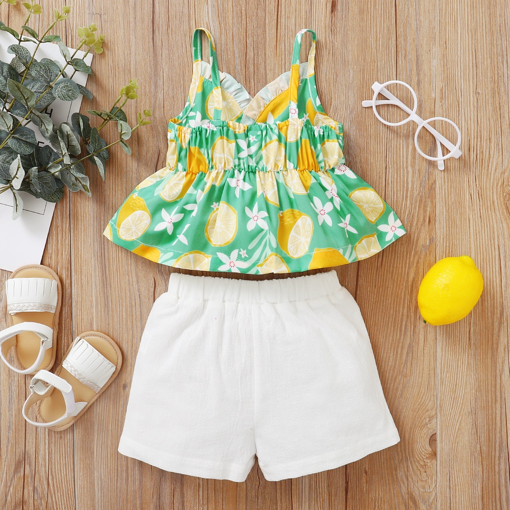 Set đồ mùa hè 2 món Mikrdoo gồm áo hai dây in họa tiết hoa + quần ngắn màu trắng dễ thương cho bé gái sơ sinh