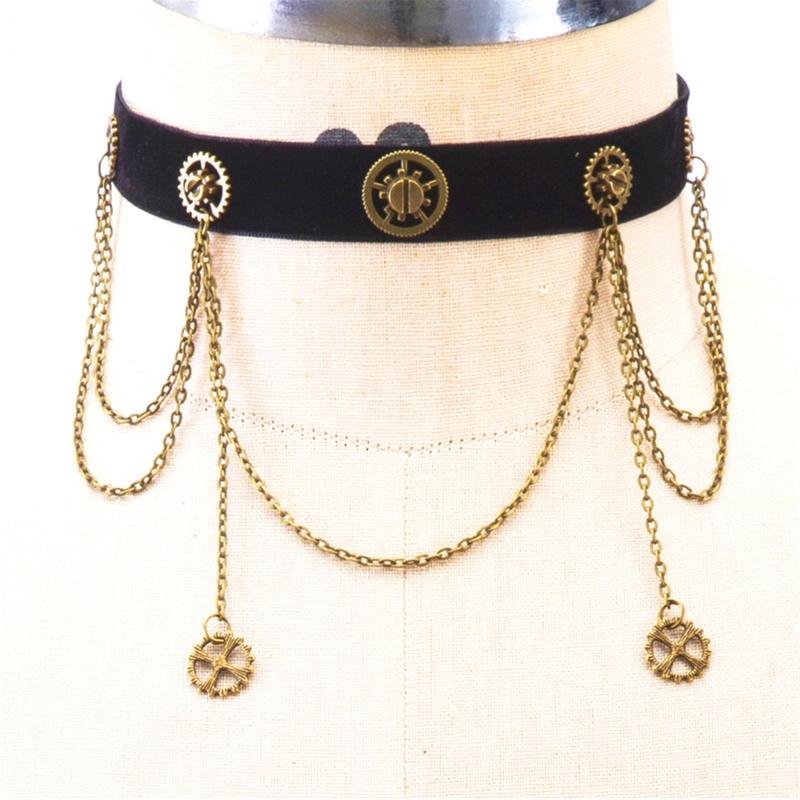 Vòng Cổ Choker Nhung Đen Phong Cách Steampunk Cổ Điển Kèm Dây Xích Kim Loại Có Thể Điều Chỉnh