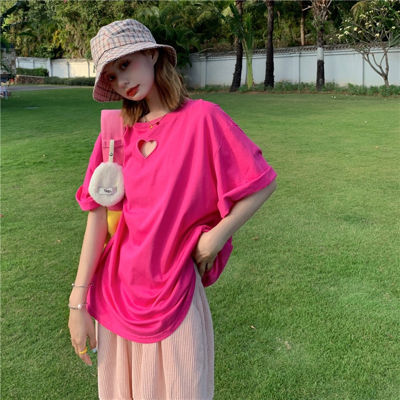 Áo Thun Nữ Ngắn Tay Cổ Tròn Khoét Lỗ Phong Cách Hàn Quốc