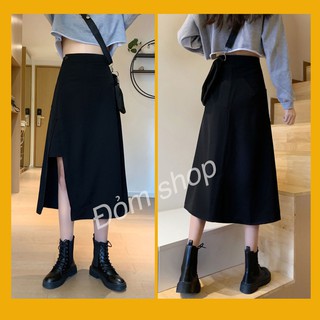 Chân Váy Chữ A Midi Màu Đen Xẻ Tà Vạt Trước, Có Túi Bên Hông Cách Điệu - Mã CV18