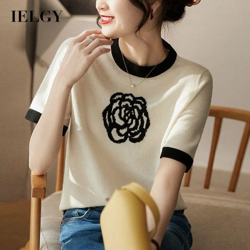 Áo IELGY dệt kim tay ngắn cổ tròn in hình phong cách thanh lịch thời trang cho nữ