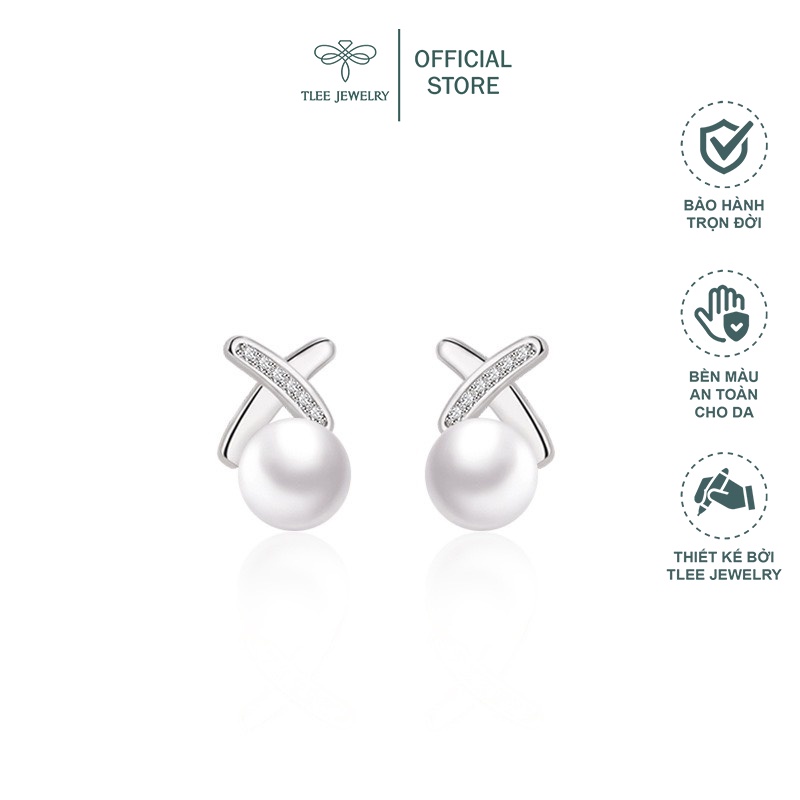 Khuyên tai bạc nữ nơ gắn ngọc trai nhân tạo dáng ngắn sang trọng TleeJewelry B0208