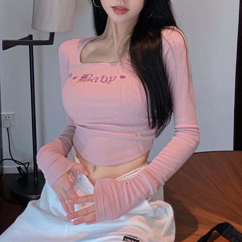 Áo thun COZOK tay dài cổ vuông thêu họa tiết quyến rũ cho nữ