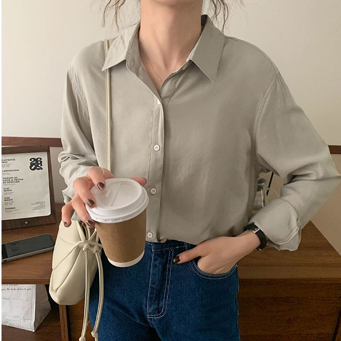40921 Áo Sơ Mi Dài Tay Màu Trơn Hợp Thời Trang Cho Nữ
