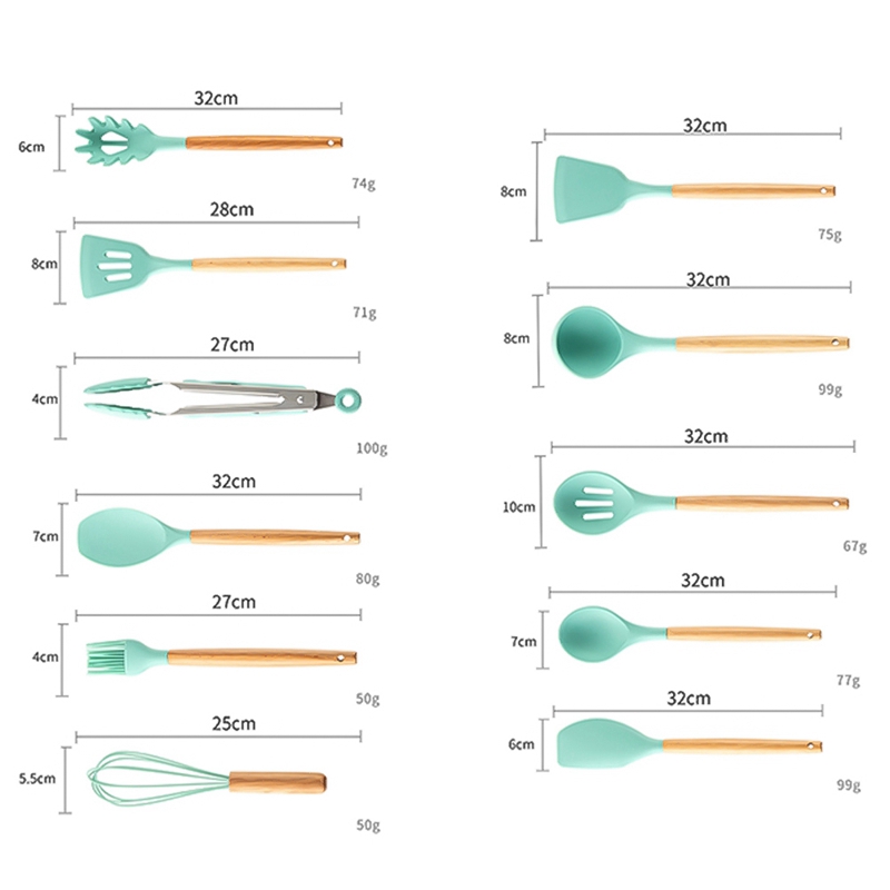 Bộ 9 / 11 / 12 Dụng Cụ Nấu Ăn Cán Gỗ Và Silicone Kèm Hộp Đựng
