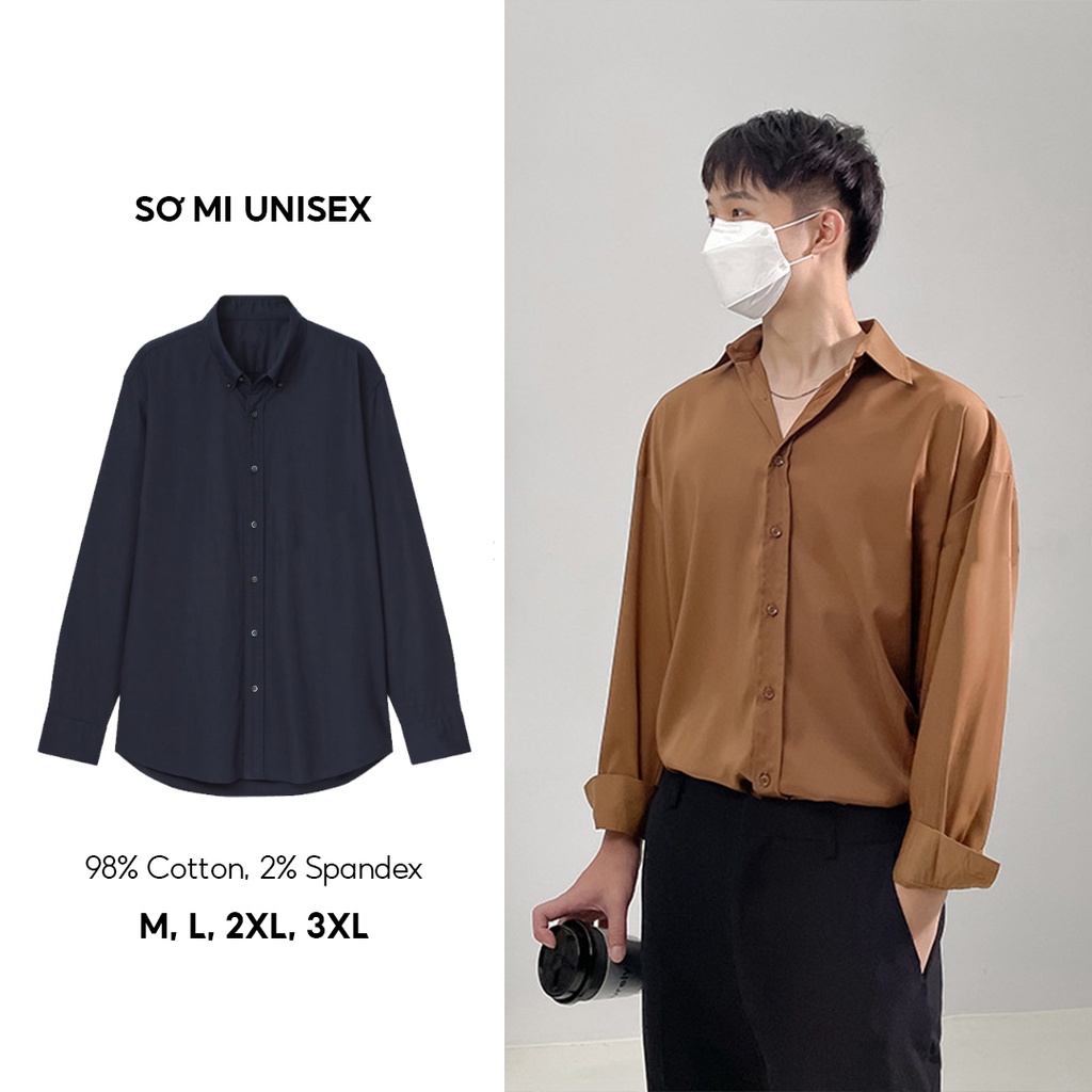 Áo sơ mi nam nữ dài tay Unisex Basic màu trắng và đen sơ mi lụa mịn mát form rộng suông ELNIDO-ED03