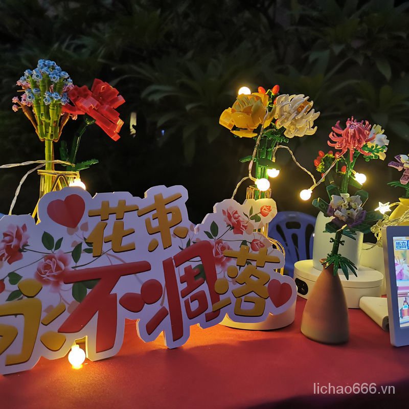 Đồ chơi lắp ráp hình bó hoa hồng đầy sao mảnh ghép nhỏ dùng làm quà tặng trang trí dành cho bé gái