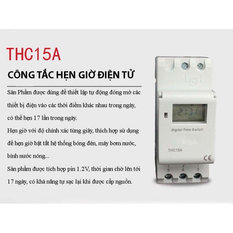 Công tắc hẹn giờ điện tử THC-15A chuyên dụng lắp tủ điện