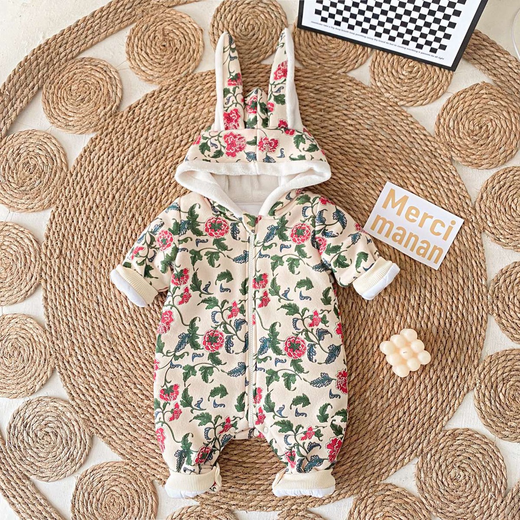 Bộ áo liền quần SANLUTOZ tay dài bằng cotton in hoa dễ thương thời trang mùa đông cho bé gái