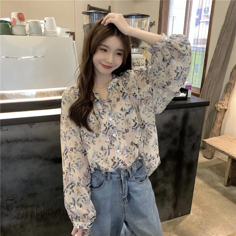 Áo Sơ Mi Chiffon Cổ Tròn Dài Tay Dáng Rộng In Hoa Thời Trang Sành Điệu 54584