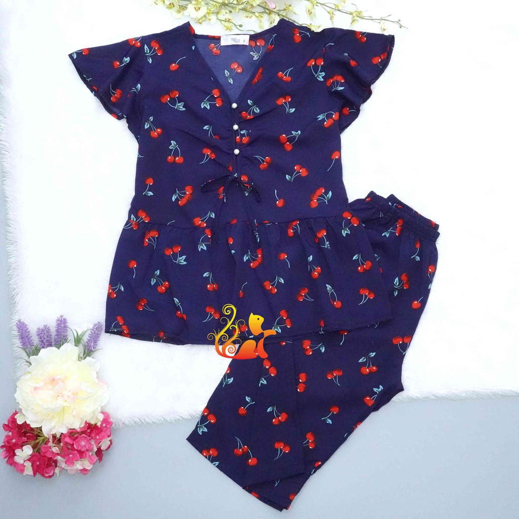 Bộ Mặc Nhà &quot;Cherry&quot; Pijama Satin Cát Quần Lửng Cao Cấp Siêu Mát - Dưới 55kg.