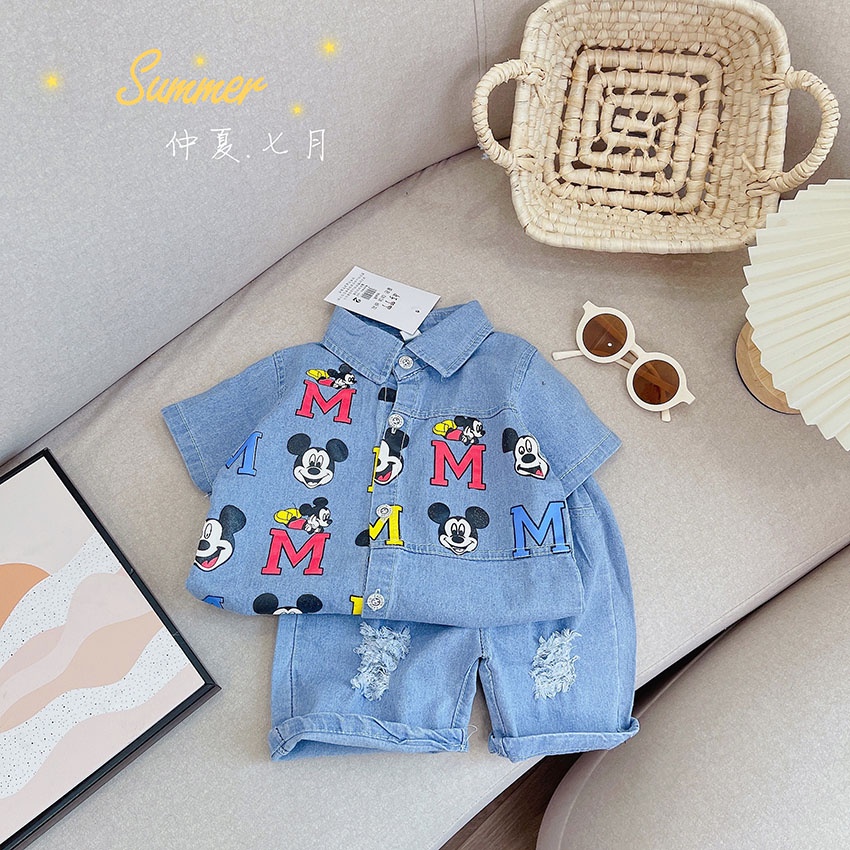 Bộ Quần Áo Bò Cộc Tay Trẻ Em In Hình Mickyy Dễ Thương Cho Bé Gái Từ 8-30kg Mã CT62